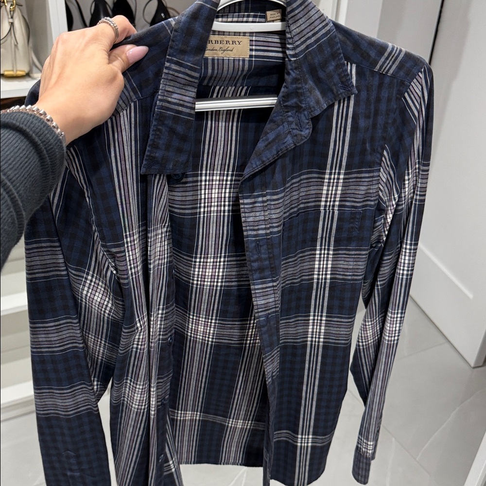 Burberry Blue and White Plaid Blazer